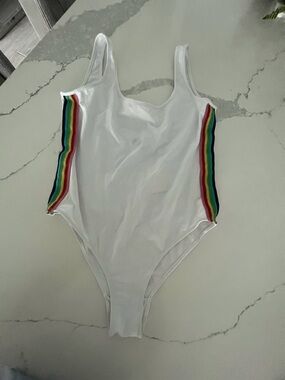 White Tank Bodysuit with Rainbow Side Stripes